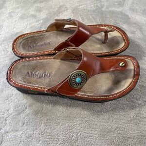 Alegria Sandals Womens 38 US 7.5 Brown Leather Thong Wedge‎ Turquoise Comfort
